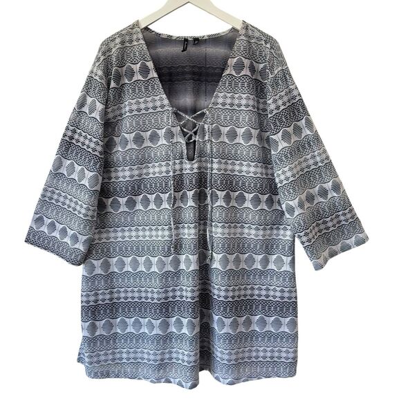 Portocruz Tunic Cover Up Swim Womens Size 2X Gray White Lace Up Semi Sheer - Picture 1 of 14